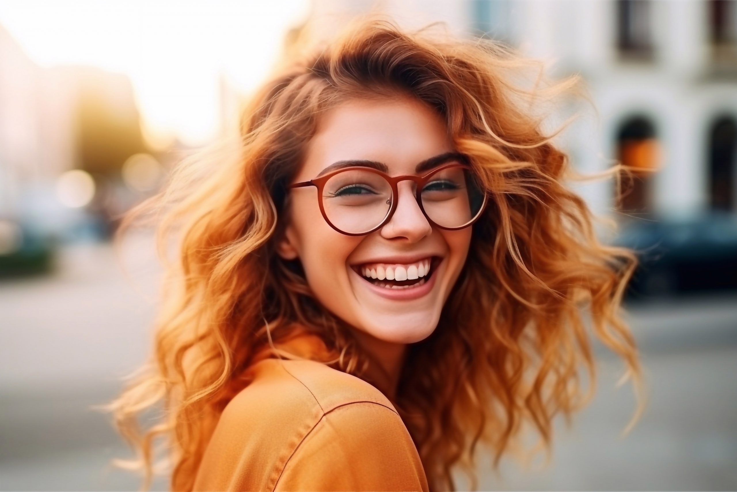 Charming and beautiful woman in glasses with a cheerful smile on the street in summer, spring, autumn Hörakustik Azubis